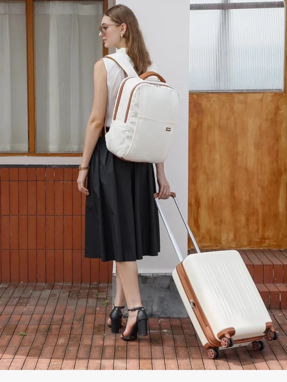 Kono White & Tan Travel Luggage 3 Piece Set - Carry-On Spinner, Backpack & Pouch